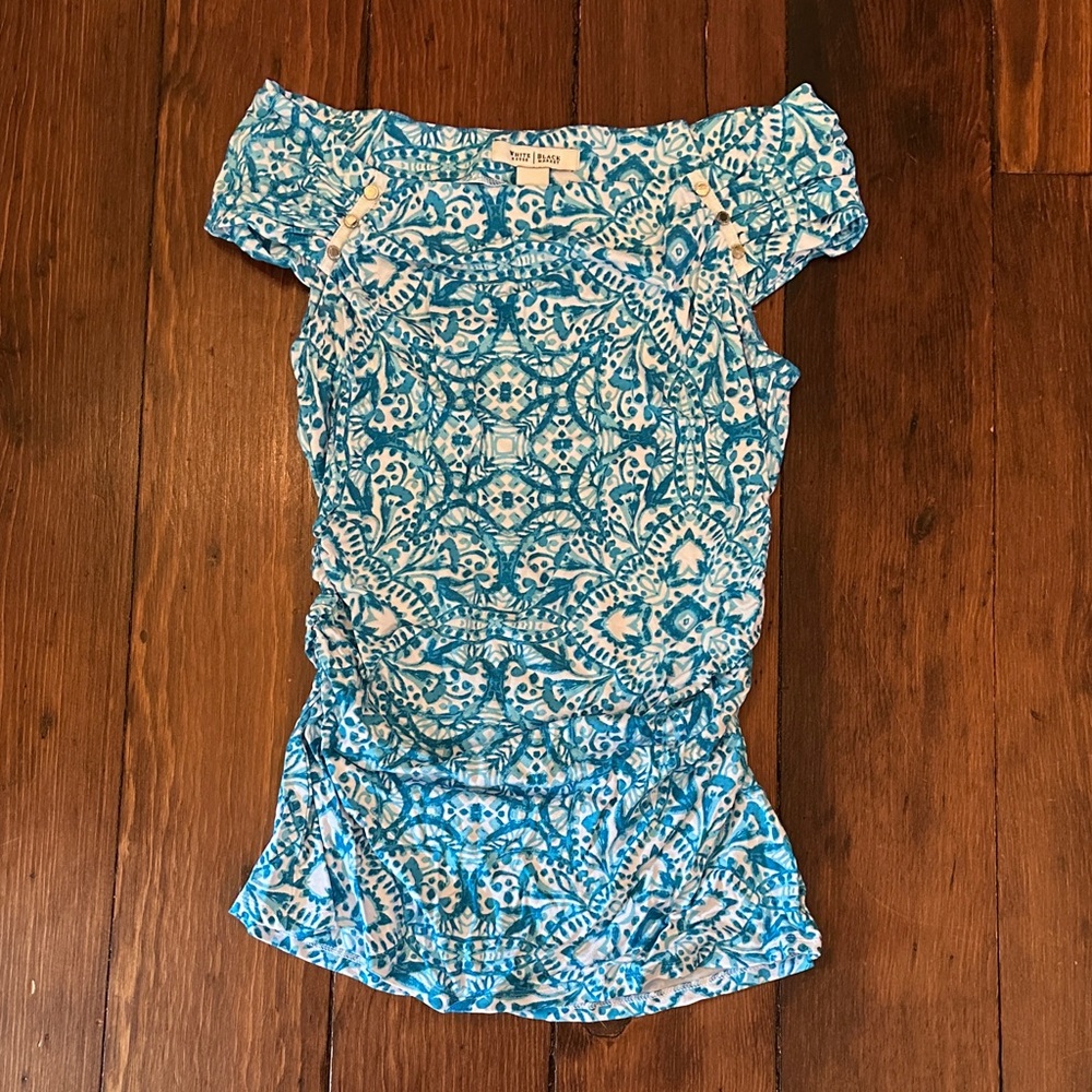 White House Black Market Blue and White Patterned Blouse
